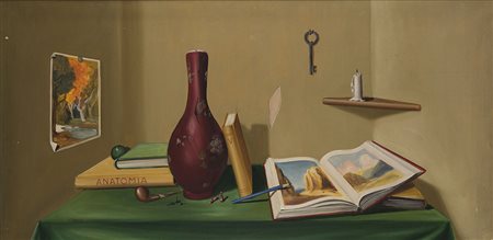 C. Travetti 'Composizione con libri' olio su tela (cm 60x120) firmato in...