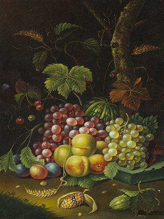 Firma indecifrata 'Composizione con frutta in un paesaggio' olio su tavola...