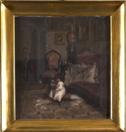 Scuola inizio sec. XX 'Interno con figure' olio su tela (cm 48x44) In cornice...