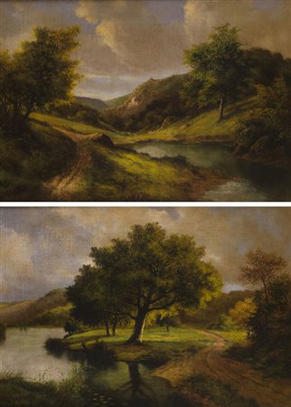 Scuola del sec. XIX 'Paesaggi fluviali' coppia di oli su tela (cm 50x70) in...