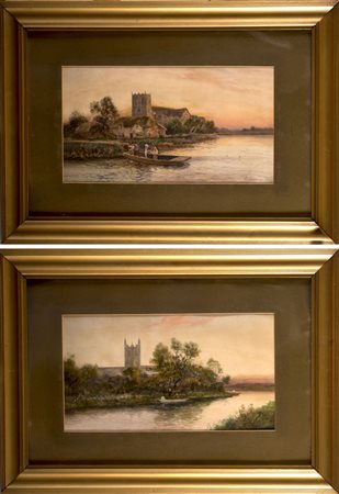 Scuola inglese del sec. XIX 'Paesaggi lacustri con castelli, figure e barche'...