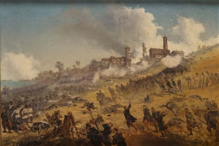 Scuola del sec. XIX 'Resistenza garibaldina olio su tela (cm 41x60). In...