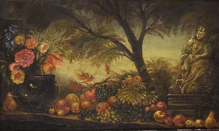 Ignoto "Frutta in un paesaggio" olio su tavola (cm 40x63) In cornice laccata...