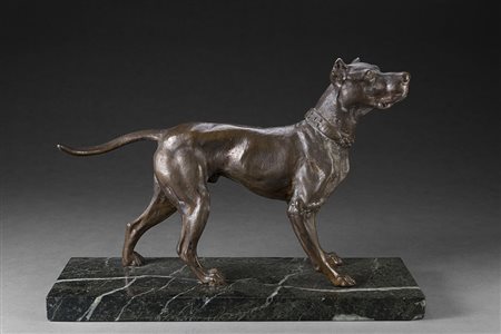 Scultura in bronzo raffigurante cane (h cm 18) poggiante su base in marmo...