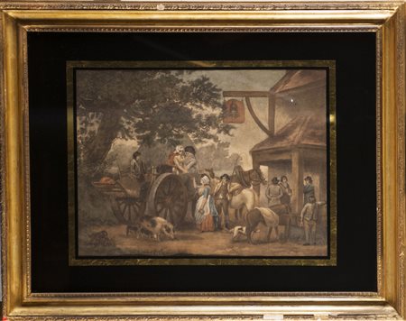 Acquatinta del sec. XIX raffigurante una scena campestre (cm 41x57) In...