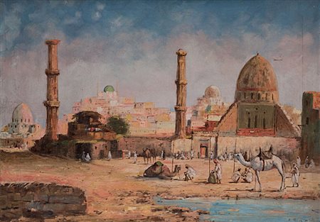 Firma indecifrata inizio sec.XX “Scorcio di città araba” olio su tela...