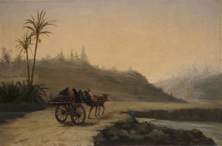 Scuola del sec.XIX “Carro con figure orientali” olio su tela...