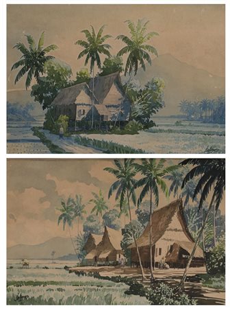 Jalinus “Scorci orientali” coppia di acquerelli su carta (cm.25X37) In...