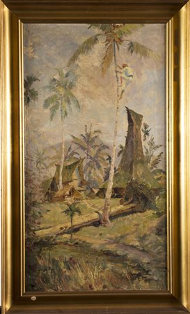 Firma indecifrata “La raccolta del cocco” olio su tela (cm.73X40) firmato in...