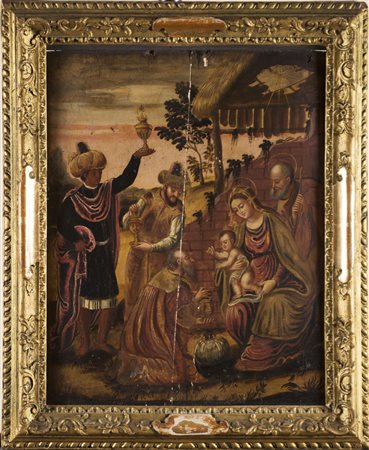 Scuola veneto-cretese “L'adorazione dei Magi” antico dipinto ad olio su...