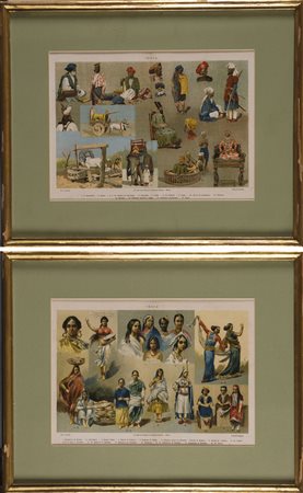Coppia di litografie a colori raffiguranti costumi indiani (cm.23X32)...