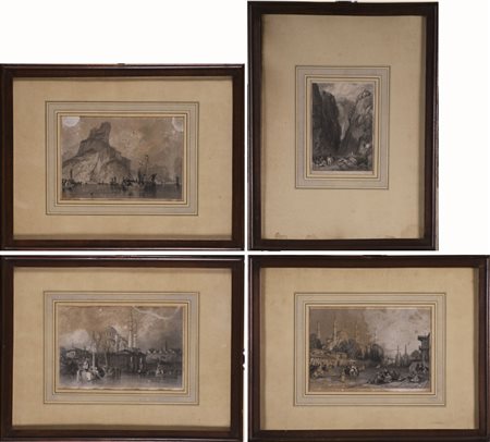 Gruppo di quattro incisioni inglesi del sec.XIX raffiguranti paesaggi. In...
