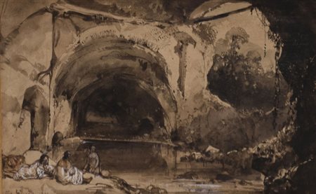 Giacinto Gigante (attr.) “ Grotta con figure” tecnica mista su carta...