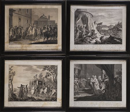 Gruppo di cinque acqueforti intelate del sec. XVIII raffiguranti episodi...