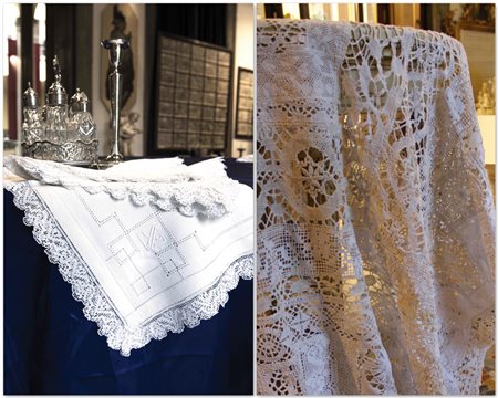 Importante tovaglia patchwork con pizzi al tombolo, a mano e meccanici, di...