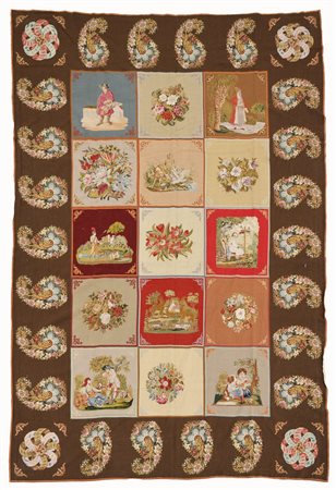 Piccolo punto con disegno a riquadri con scena di vita campestre e fiori su...