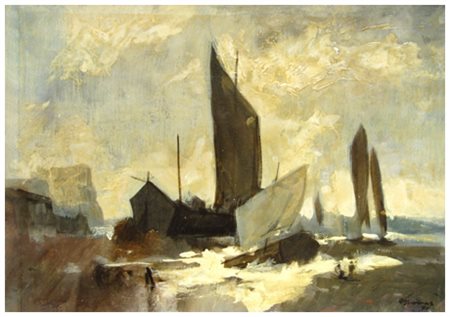 ALFREDO D. THOMAS India 1908 – Firenze ? Navi con vela 1971 Olio su cartone...