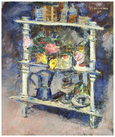 FRANCO FRANCHINI Lucca 1911 – ? Scaffaletto con rose 1960 Olio su tavola 58,3...