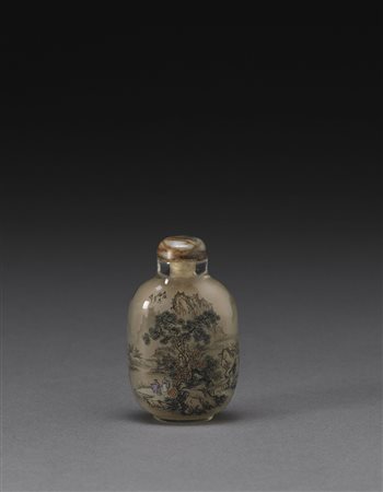 Snuff bottle in vetro dipinto all'interno con scene di paesaggi, coperchio in...