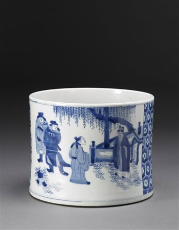 Grande portapennelli cilindrico in porcellana bianca e blu decorato con scene...