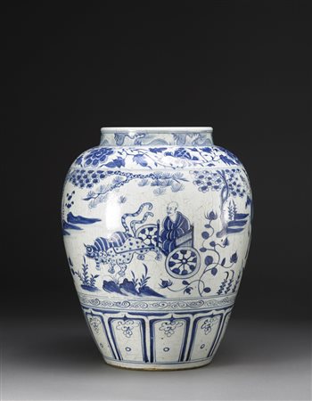 Grande giara in porcellana bianca e blu, decorata con Guiguzi che scende...