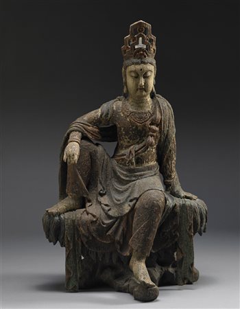 Grande Bodhisattva in legno intagliato e colorato, in stile Ming, raffigurato...