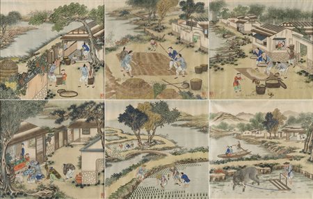 Sei dipinti "gengzhi tu" raffiguranti i vari passaggi della coltivazione e...