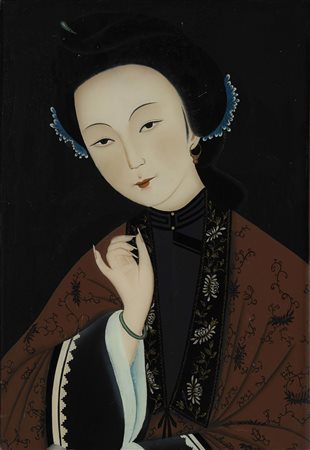 Un verre-peint, con ritratto di dama elegantemente vestita e con acconciatura...