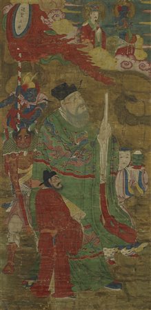 Dipinto a colori e inchiostro su tela, raffigurante l'Immortale Tudi. con una...