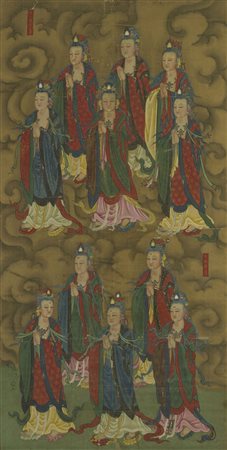 Dipinto a colori e inchiostro su seta, raffigurante due gruppi di Bodhisattva...