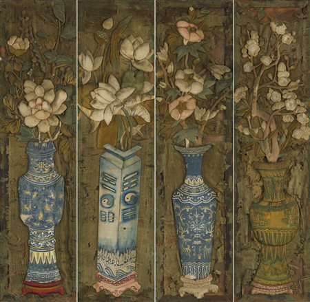 Quattro panelli in seta raffiguranti "le quattro stagioni", ciascuno con rami...