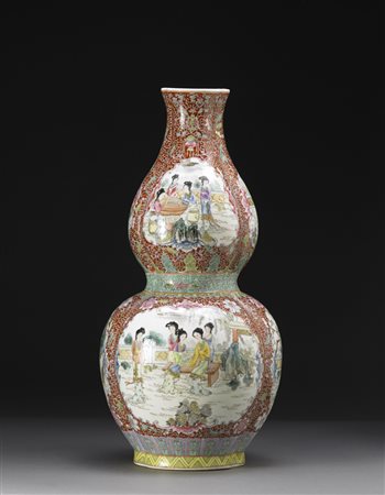 Grande vaso a forma di doppie zucche in porcellana Famiglia Rosa decorato con...