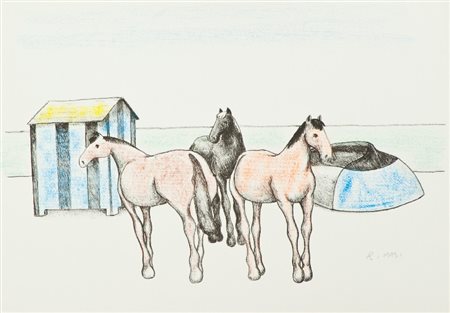 Roberto Masi (Firenze 1940) CAVALLI Litografia ritoccata a mano su carta, cm....