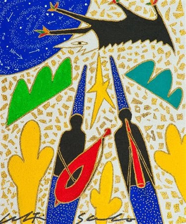 Giancarlo Montuschi (Faenza 1952) CONCERTO TRIBALE Acrilico, sabbia e foglia...