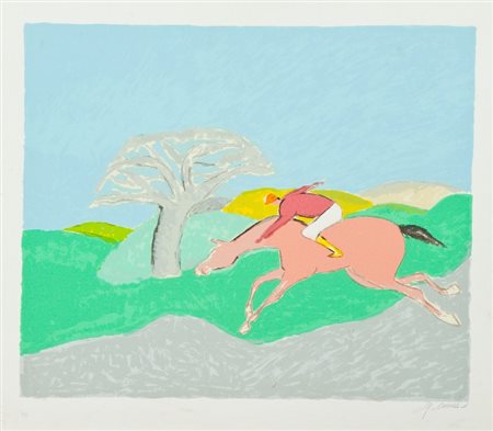 Giuseppe Cesetti (Tuscania (Vt) 1902 - 1990) CORSA AL GALOPPO Litografia su...