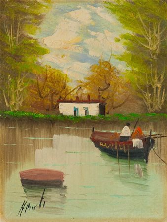 Aldo Pironti BARCHE E PESCATORE Olio su tela, cm. 40x30 Firmato in basso a...