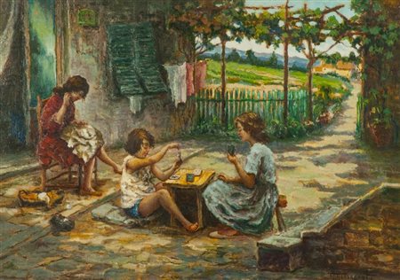 Alessandro Monsacrati (Roma 1884 - 1966) IN CORTILE Olio su tavola, cm....