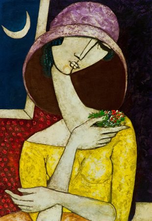 Bruno Landi (Roma 1941) DONNA CON FIORI, 1998 Olio su tela, cm. 100x70...
