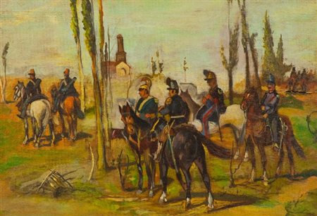Anonimo dell'800 SOLDATI A CAVALLO Olio su tavola, cm. 25x36
