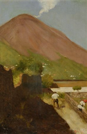 Ugo Galvagni -1867 PAESAGGIO CON FIGURE Olio su tela, cm. 40x26,8 Firmato in...
