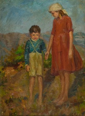 Giuseppe Magni (Pistoia 1869 - Firenze 1956) FIGURE Olio su tavola, cm. 48x35...