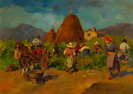 Carlo Domenici (Livorno 1897 - Portoferraio 1981) VENDEMMIA Olio su tavola,...