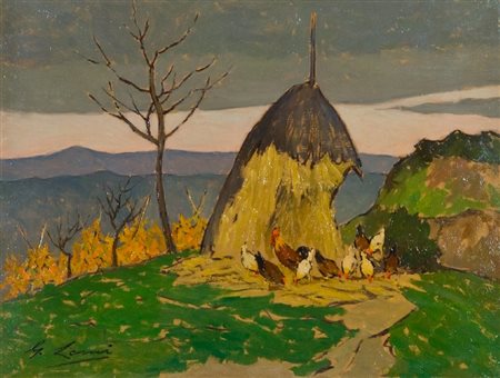 Giovanni Lomi (Livorno 1889 - 1969) GALLINE E PAGLIAIO Olio su tavola, cm....