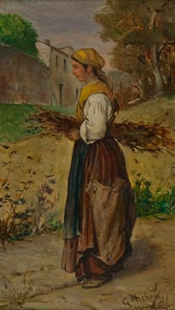 Guglielmo Micheli (Livorno 1866 - 1926) CONTADINA Olio su tavola, cm. 27x16...