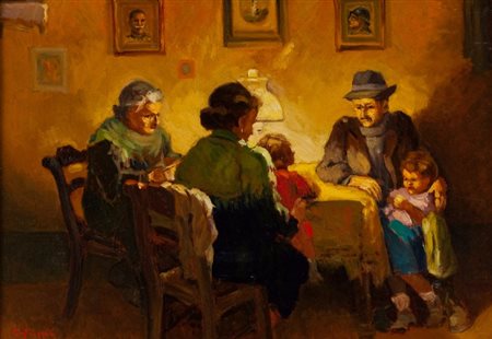 Cafiero Filippelli (Livorno 1889 - 1973) INTERNO CON FIGURE Olio su tavola,...