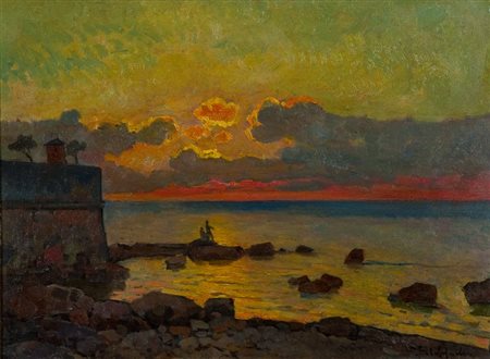 Cafiero Filippelli (Livorno 1889 - 1973) MARINA AL TRAMONTO Olio su tavola,...