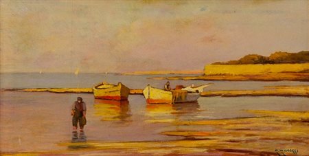 Renuccio Renucci (Livorno 1880 - 1947) BARCHE E PESCATORI Olio su tavola, cm....