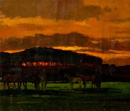 Renato Natali (Livorno 1883 - 1979) TRAMONTO Olio su tavola, cm. 28,5x33,5...
