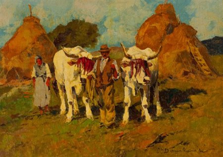 Carlo Domenici (Livorno 1897 - Portoferraio 1981) CONTADINI E BUOI Olio su...