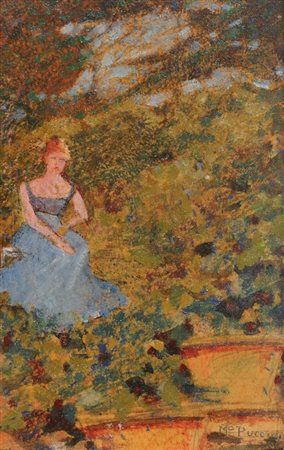Mario Puccini (Livorno 1869 - 1920) DAMA IN GIARDINO, 1912 Olio su cartone,...